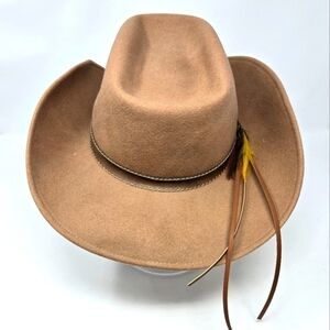 VINTAGE GEO. W BOLLMAN TAN WOOL COWBOY HAT LEATHER FEATHERS WESTERN WOMEN OS 80s